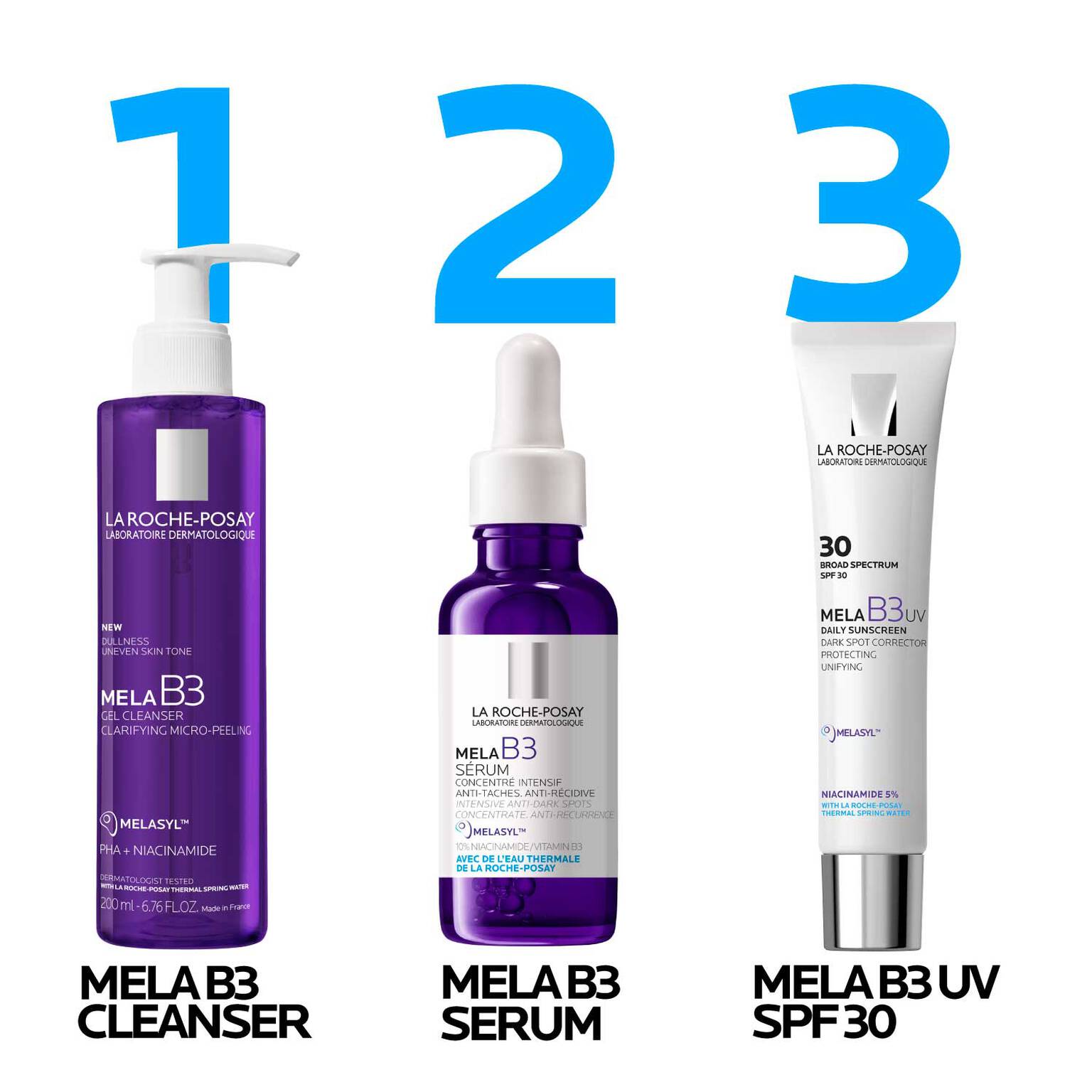 mela-b3-dark-spot-serum-with-melasyltm-niacinamide-b7 LaRochePosay-Product-MelaB3-MelaB3Cleanser-200ml-03337875890069-Routine_1500x1500_REV.jpg